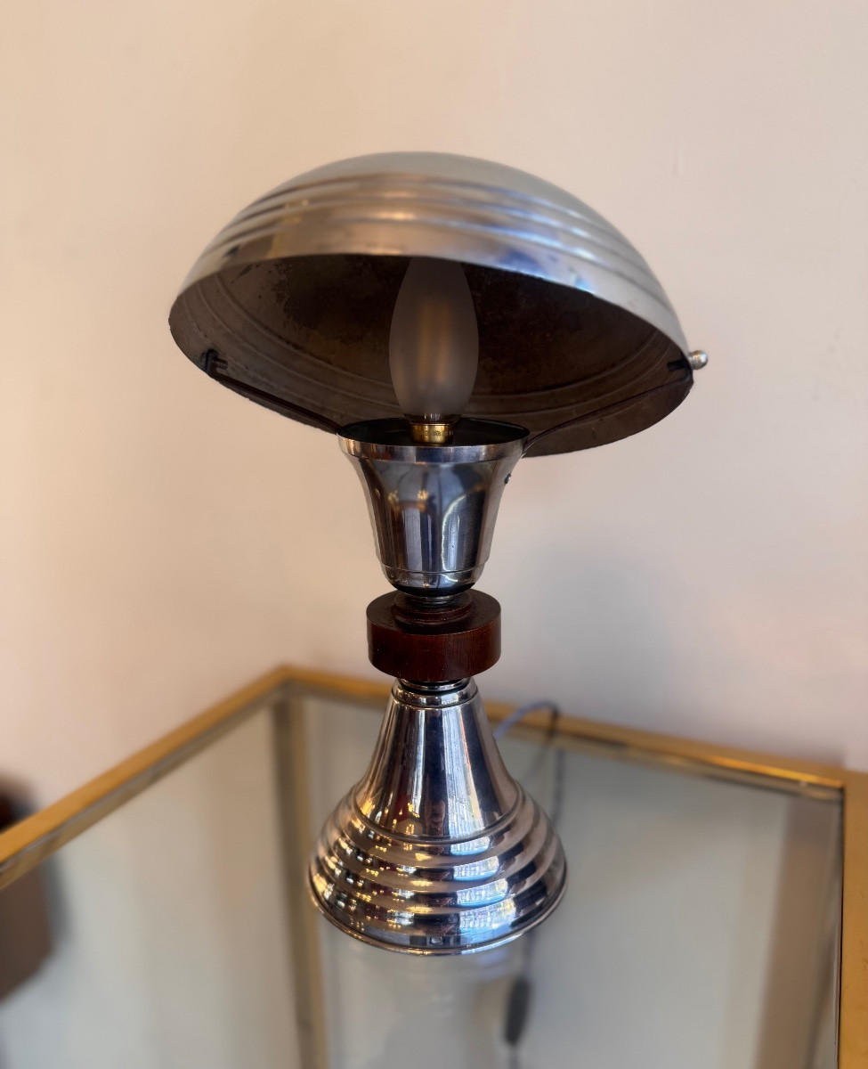 Lampe Art Déco Moderniste à réflecteur pivotant en métal chromé avec bague en Acajou  ( 1930 ) -photo-7