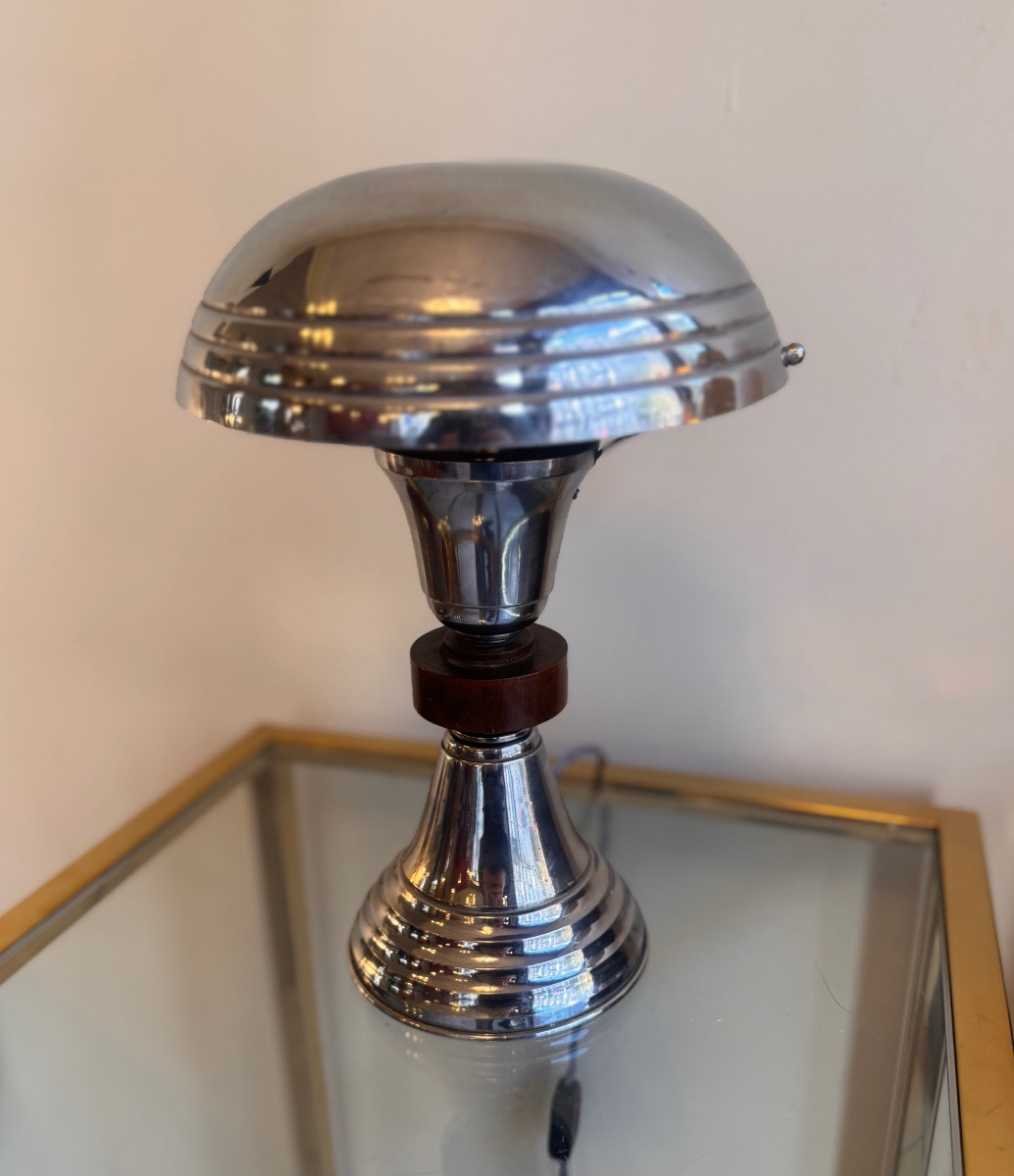 Lampe Art Déco Moderniste à réflecteur pivotant en métal chromé avec bague en Acajou  ( 1930 ) -photo-8