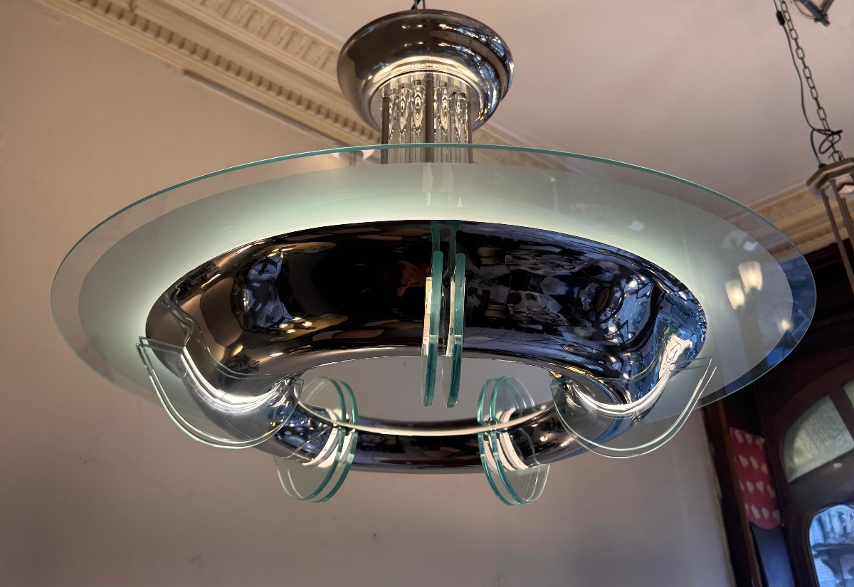 Lustre Art Déco Moderniste Ateliers Petitot à baguettes, ailettes et disque ( art deco 1930 ) -photo-3