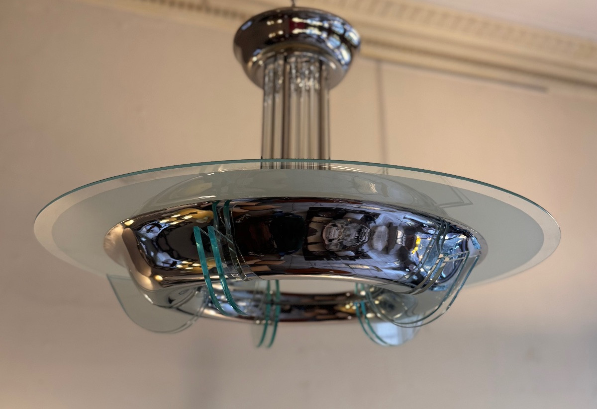 Lustre Art Déco Moderniste Ateliers Petitot à baguettes, ailettes et disque ( art deco 1930 ) -photo-6