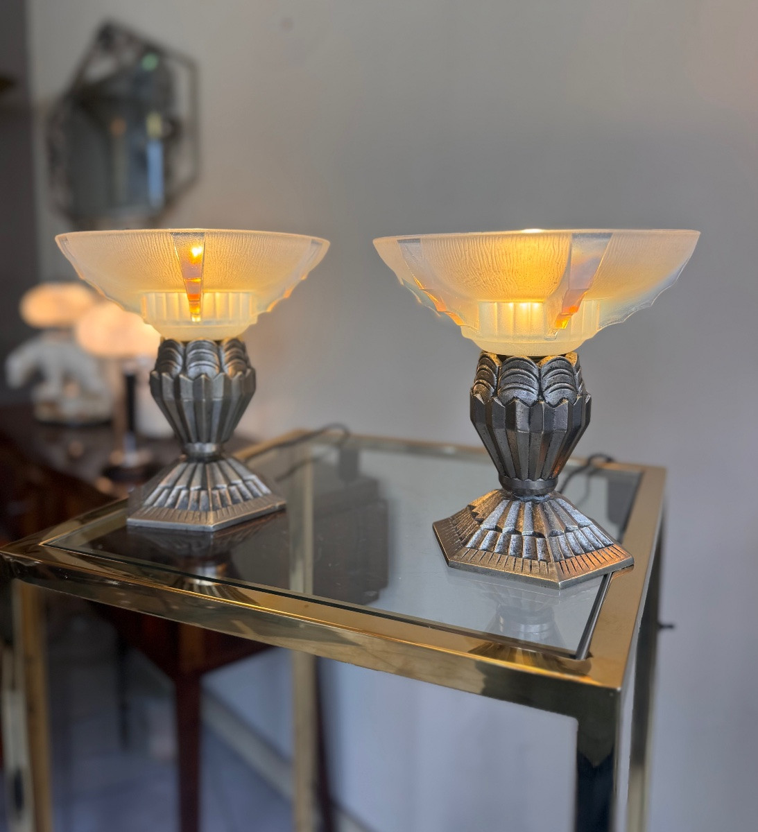 Pair Of Art Deco Jean Gauthier (ezan) Opalescent Glass / Bronze Lamps Art Deco 1930-photo-3