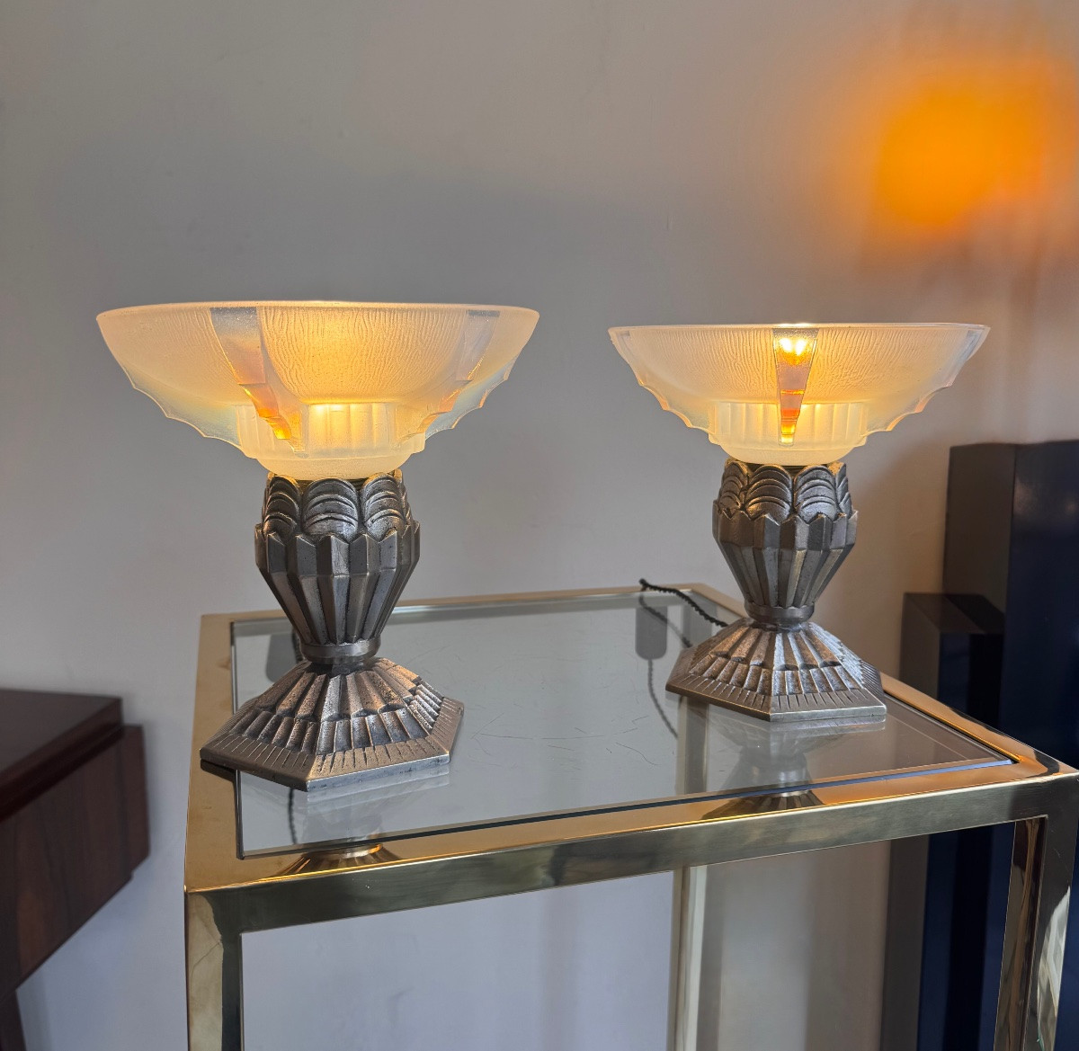 Pair Of Art Deco Jean Gauthier (ezan) Opalescent Glass / Bronze Lamps Art Deco 1930-photo-3