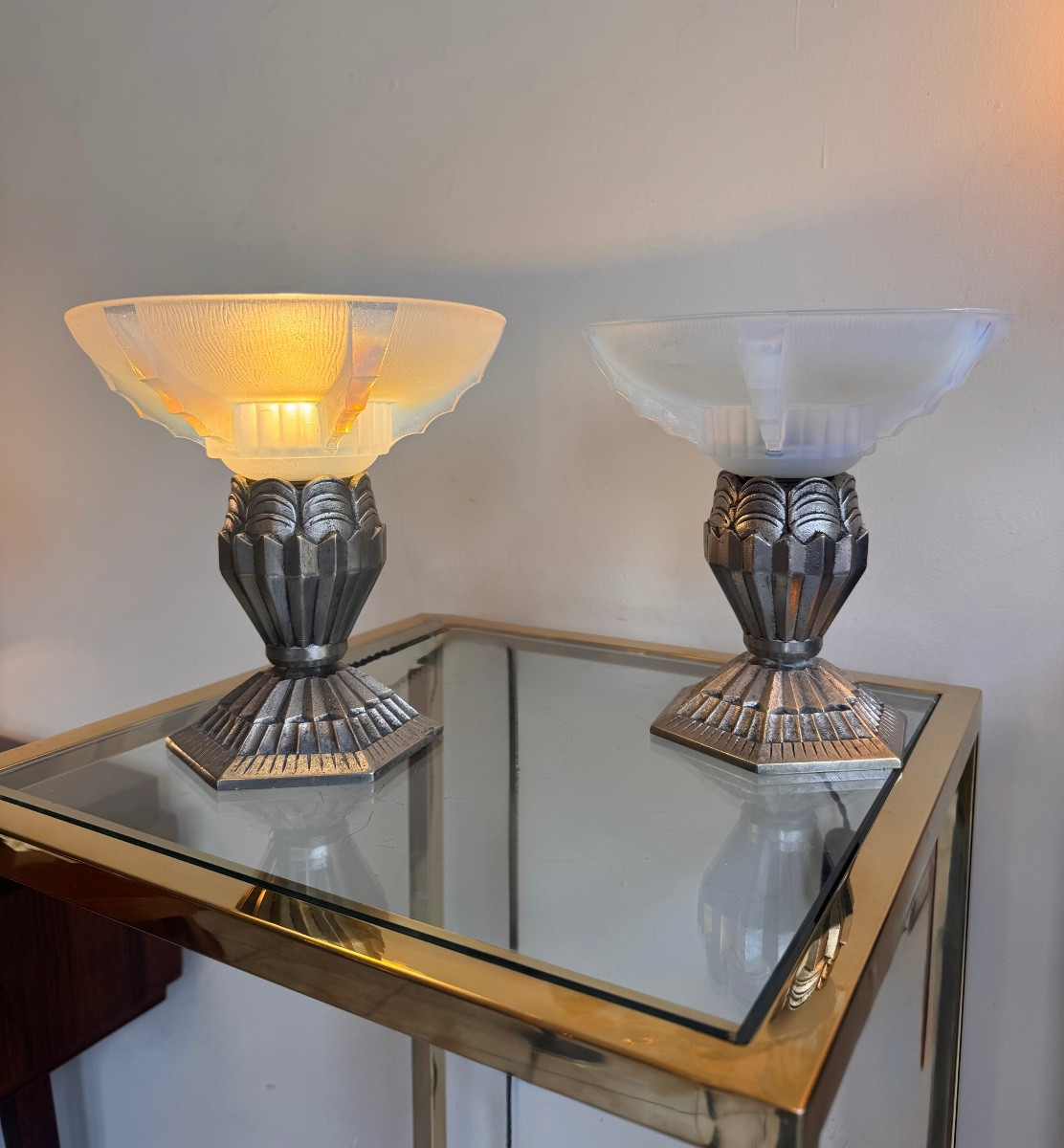 Pair Of Art Deco Jean Gauthier (ezan) Opalescent Glass / Bronze Lamps Art Deco 1930-photo-5