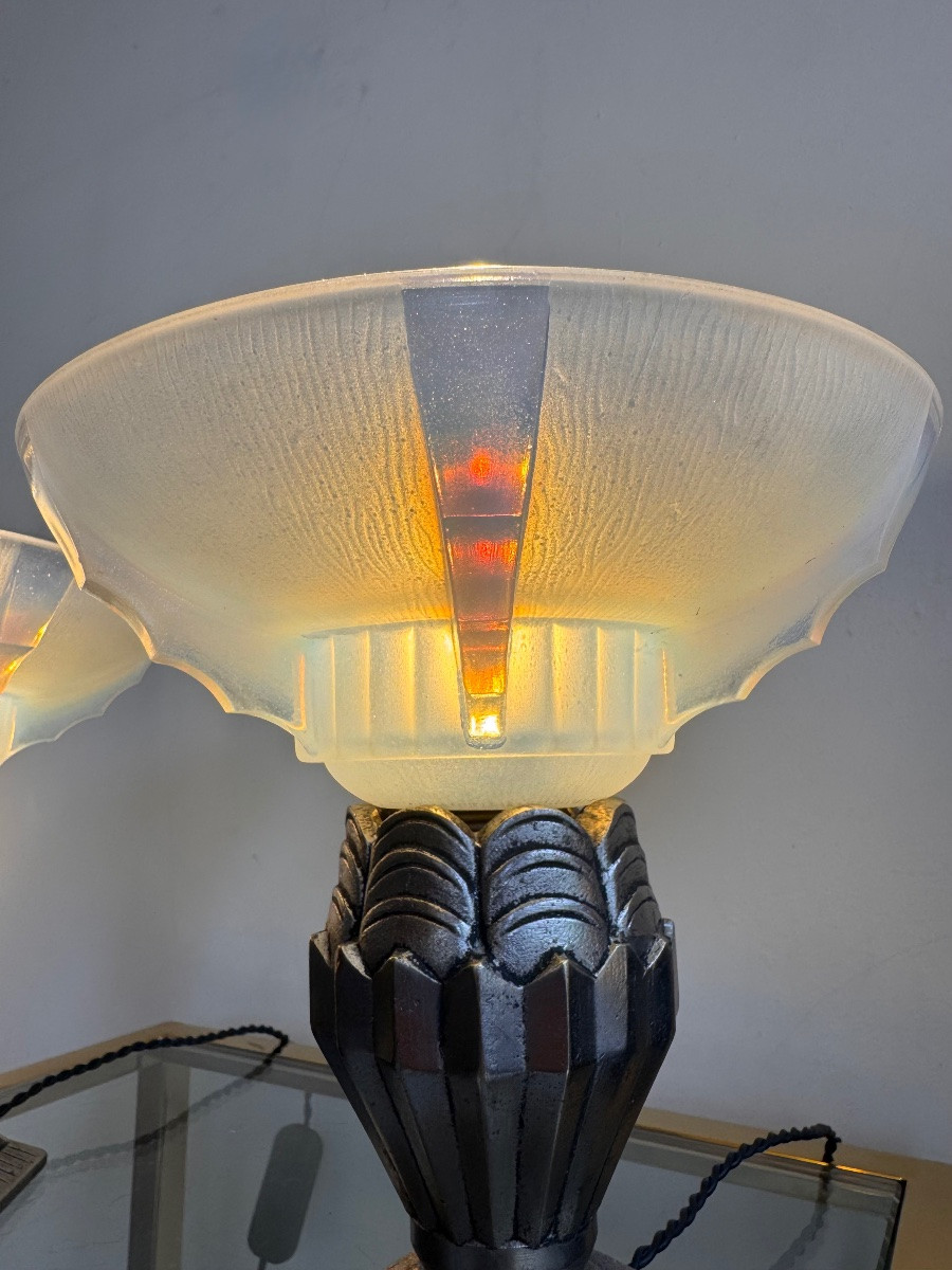 Pair Of Art Deco Jean Gauthier (ezan) Opalescent Glass / Bronze Lamps Art Deco 1930-photo-6