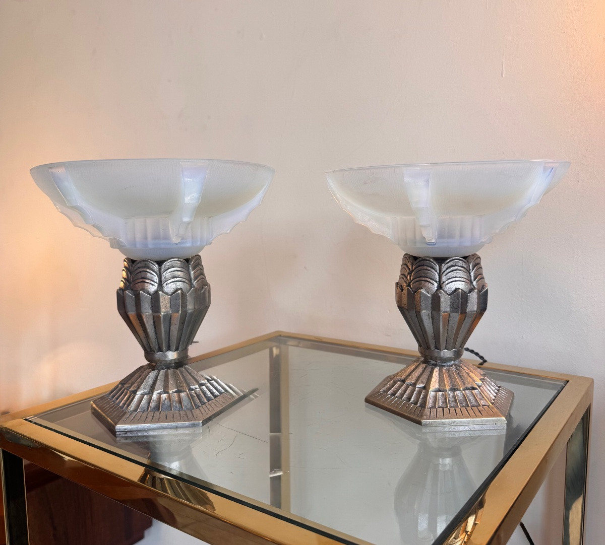 Pair Of Art Deco Jean Gauthier (ezan) Opalescent Glass / Bronze Lamps Art Deco 1930-photo-7