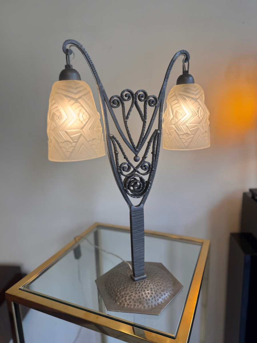 Importante Lampe Art Déco à double tulipes Signée Charles Schneider ( lampes art deco 1930 ) -photo-2