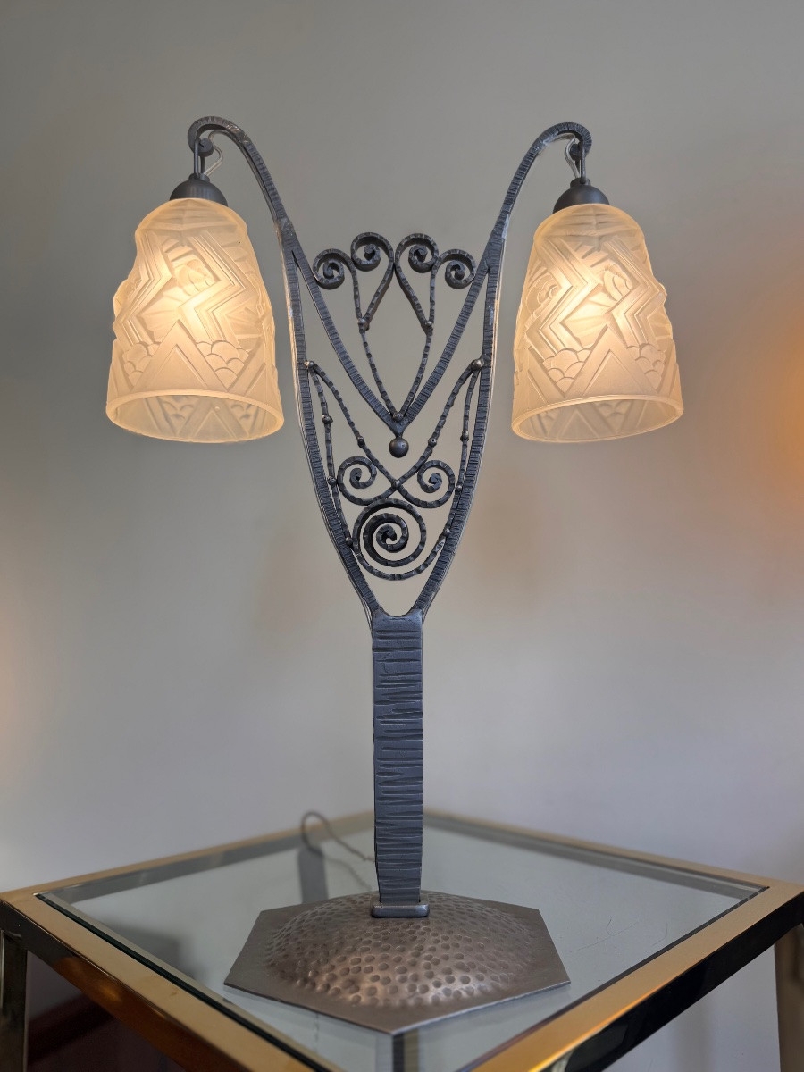 Importante Lampe Art Déco à double tulipes Signée Charles Schneider ( lampes art deco 1930 ) -photo-4
