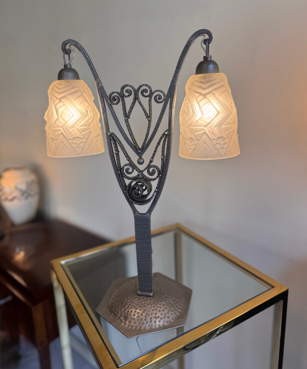 Importante Lampe Art Déco à double tulipes Signée Charles Schneider ( lampes art deco 1930 ) -photo-1