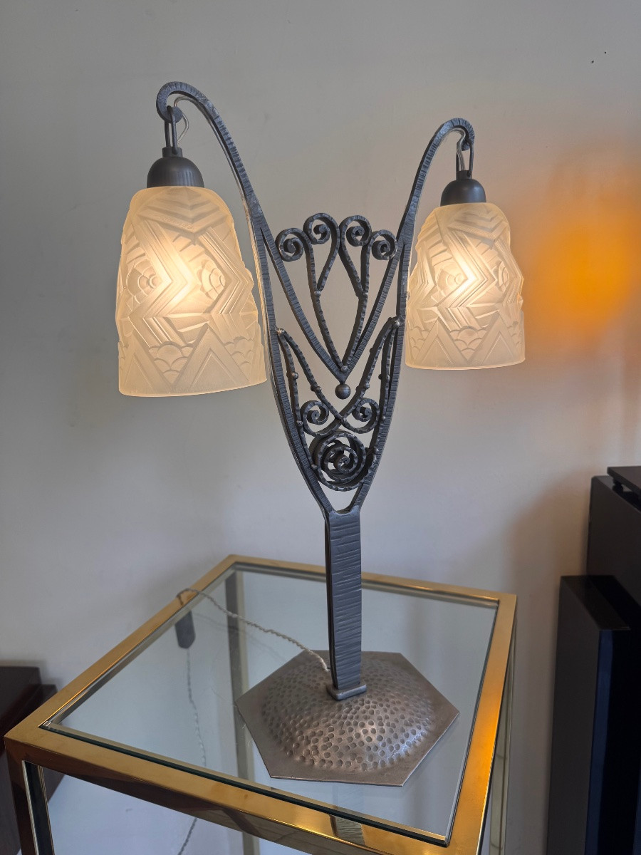 Importante Lampe Art Déco à double tulipes Signée Charles Schneider ( lampes art deco 1930 ) -photo-2