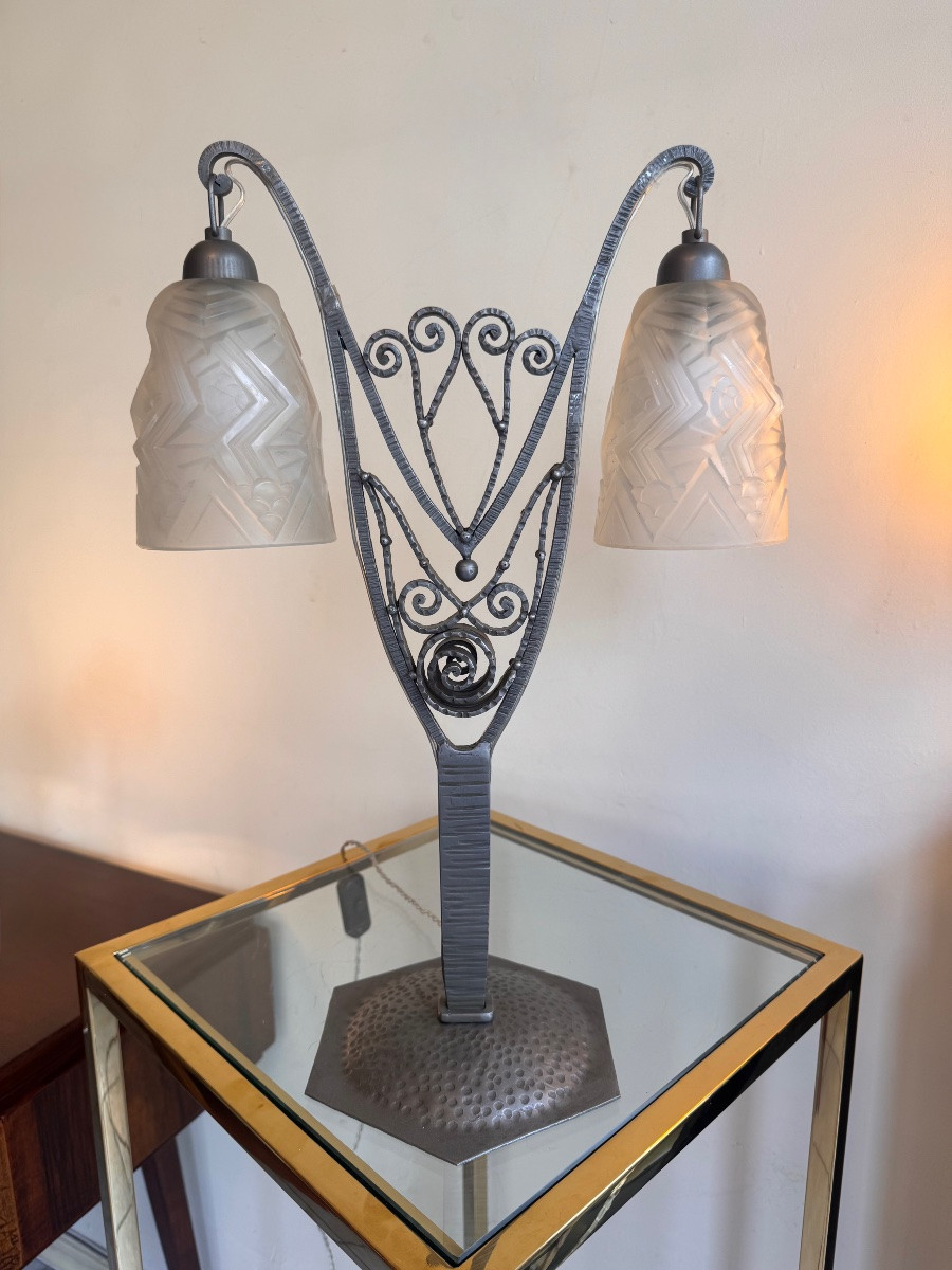Importante Lampe Art Déco à double tulipes Signée Charles Schneider ( lampes art deco 1930 ) -photo-5