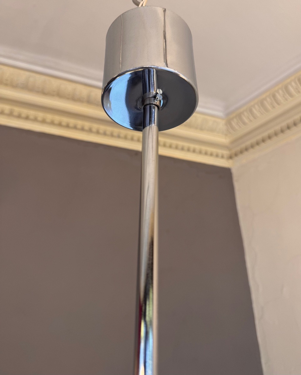 Suspension Art Déco Moderniste 1940 en opaline blanche et métal chromé + miroirs art deco 1930 -photo-6