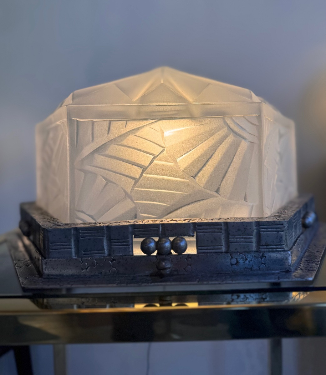 Rare Hexagonal Art Deco Ceiling Light With Geometric Design By Degué ( Art Deco Chandelier 1930 )-photo-3