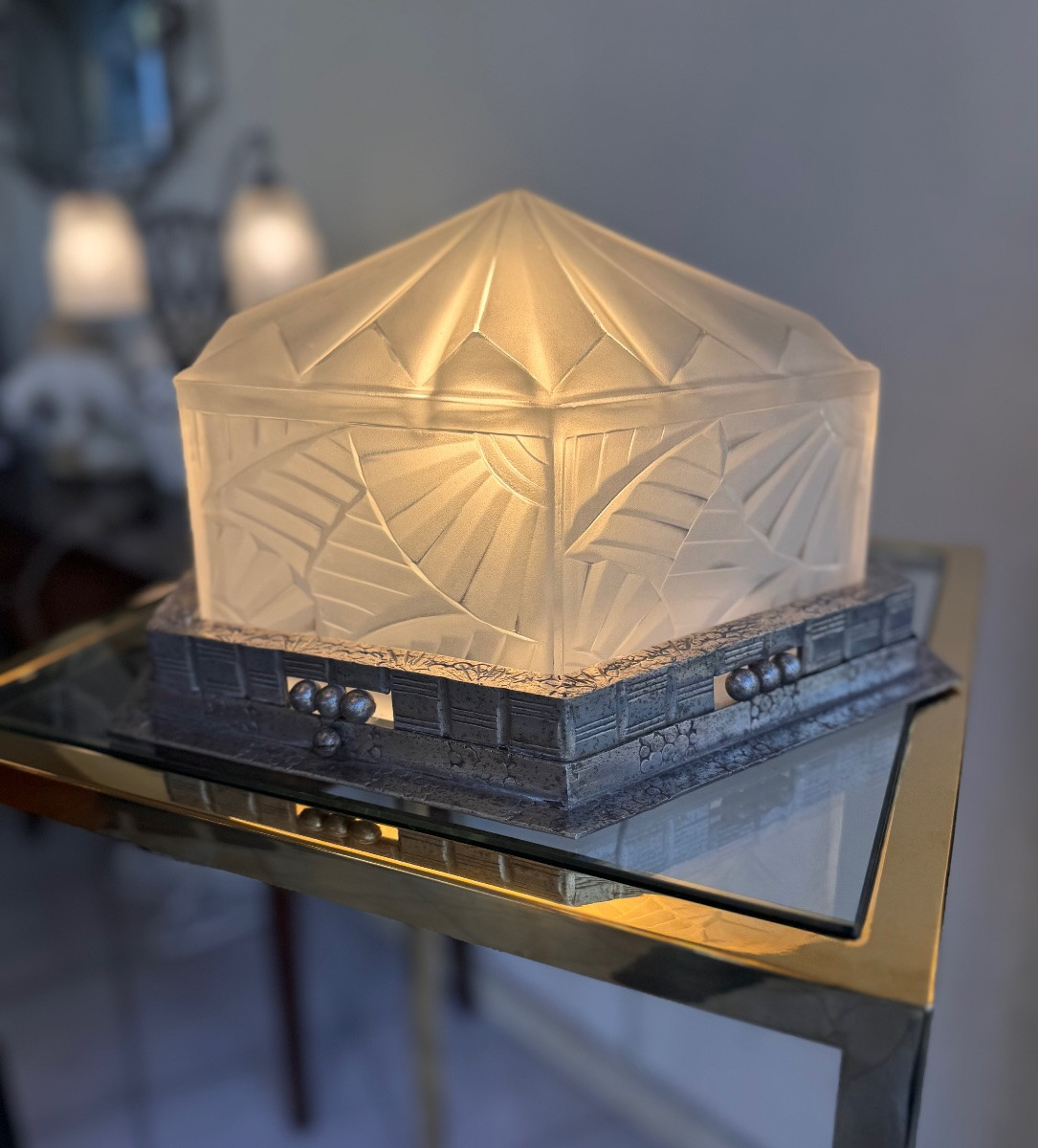 Rare Hexagonal Art Deco Ceiling Light With Geometric Design By Degué ( Art Deco Chandelier 1930 )-photo-4