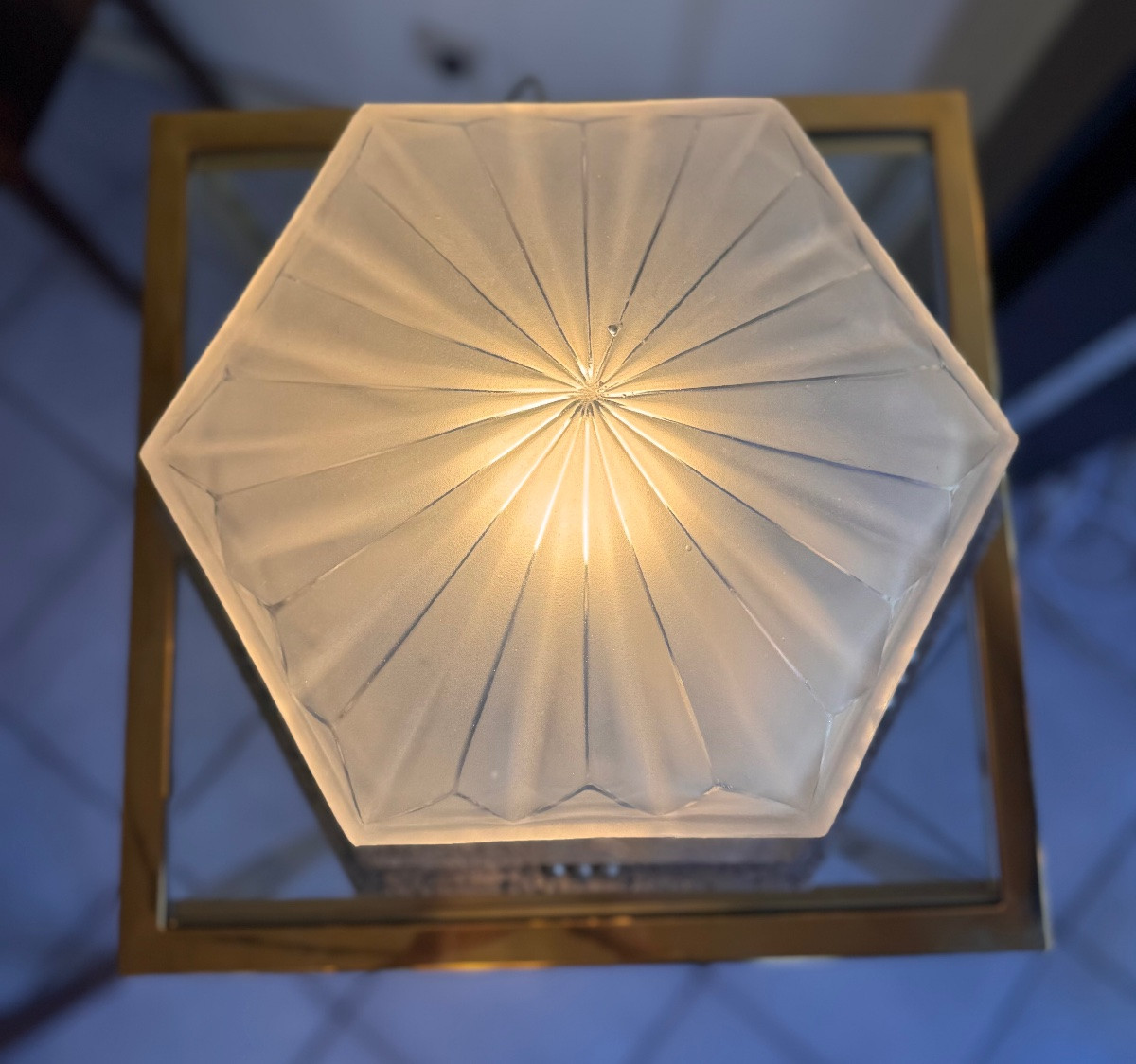 Rare Hexagonal Art Deco Ceiling Light With Geometric Design By Degué ( Art Deco Chandelier 1930 )-photo-2