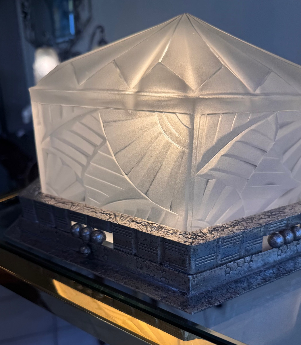 Rare Hexagonal Art Deco Ceiling Light With Geometric Design By Degué ( Art Deco Chandelier 1930 )-photo-3