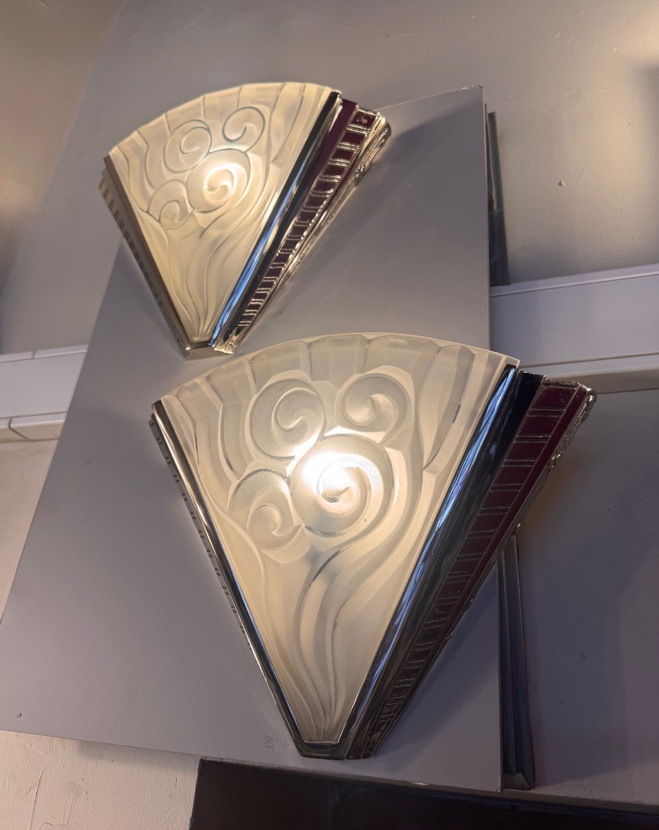 Paire d’appliques Art Déco «  Les Virgules » Degué & Petitot / bronze nickelé ( art deco 1930 )-photo-2