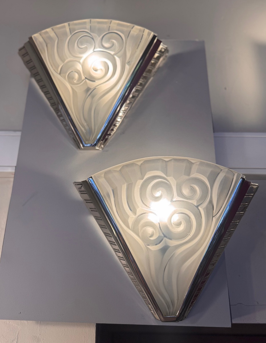 Paire d’appliques Art Déco «  Les Virgules » Degué & Petitot / bronze nickelé ( art deco 1930 )-photo-2