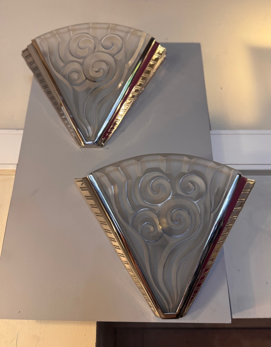 Paire d’appliques Art Déco «  Les Virgules » Degué & Petitot / bronze nickelé ( art deco 1930 )-photo-4