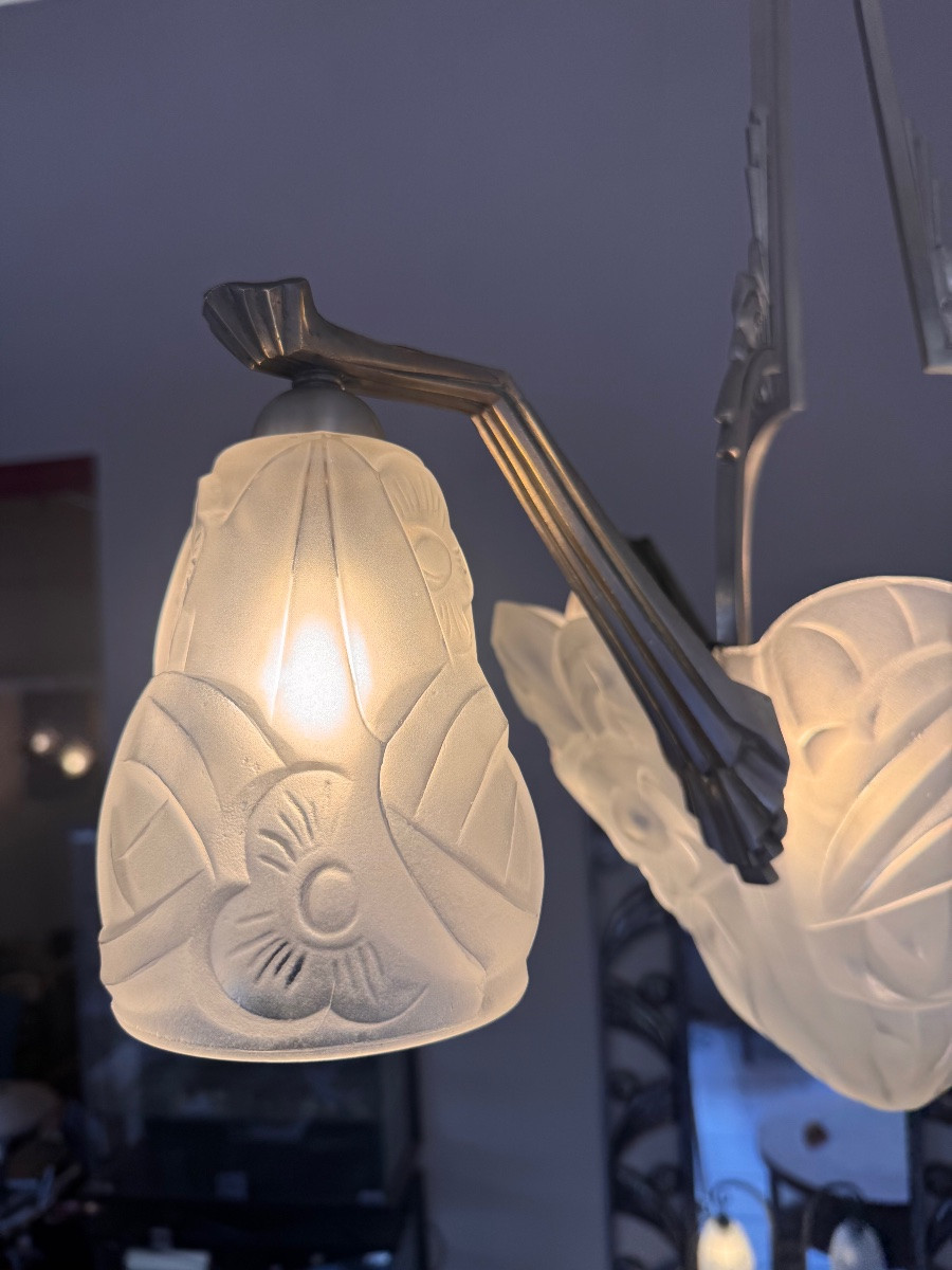 Lustre Art Déco à trois tulipe et un obus Signé Degué (David Guéron : 1892-1950) Art deco 1930 -photo-1