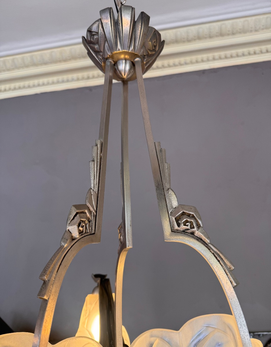 Lustre Art Déco à trois tulipe et un obus Signé Degué (David Guéron : 1892-1950) Art deco 1930 -photo-2