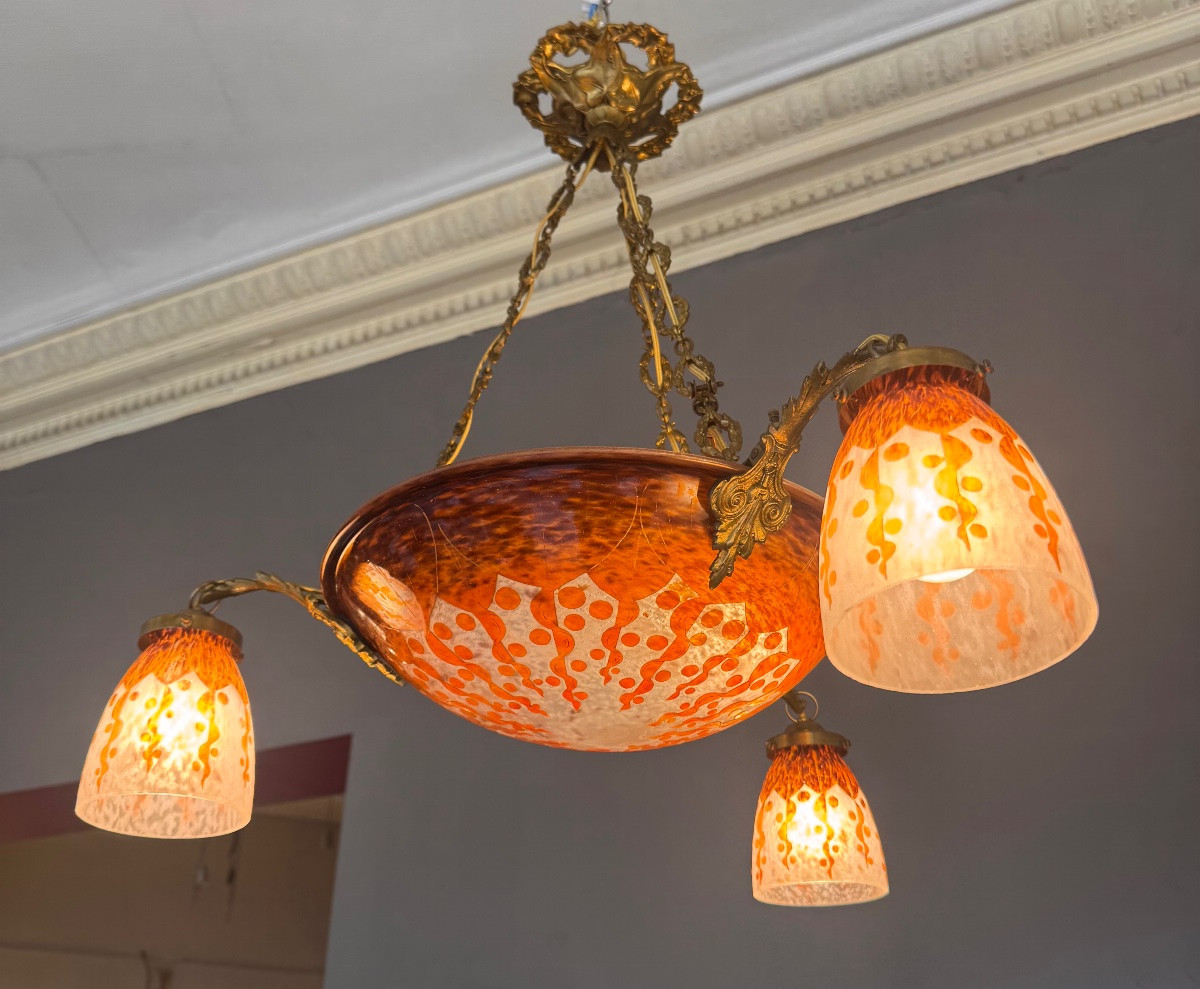 Extremely Rare Art Deco Chandelier « Les Rubaniers » By Charles Schneider / Le Verre Français -photo-2