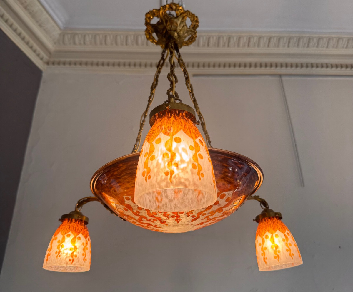 Extremely Rare Art Deco Chandelier « Les Rubaniers » By Charles Schneider / Le Verre Français -photo-3