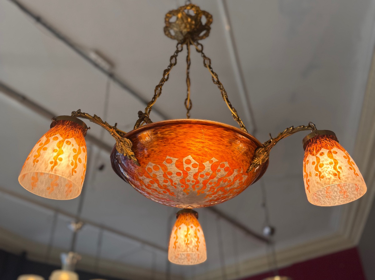 Extremely Rare Art Deco Chandelier « Les Rubaniers » By Charles Schneider / Le Verre Français -photo-4