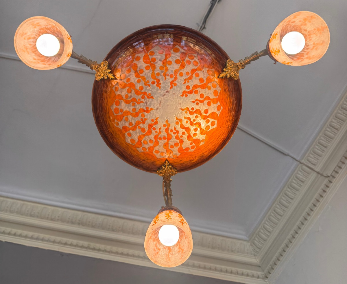 Extremely Rare Art Deco Chandelier « Les Rubaniers » By Charles Schneider / Le Verre Français -photo-1