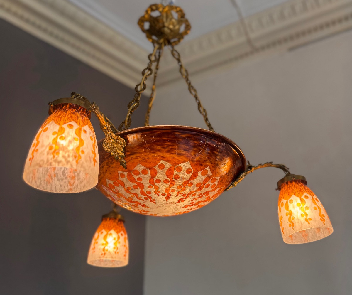 Extremely Rare Art Deco Chandelier « Les Rubaniers » By Charles Schneider / Le Verre Français -photo-3