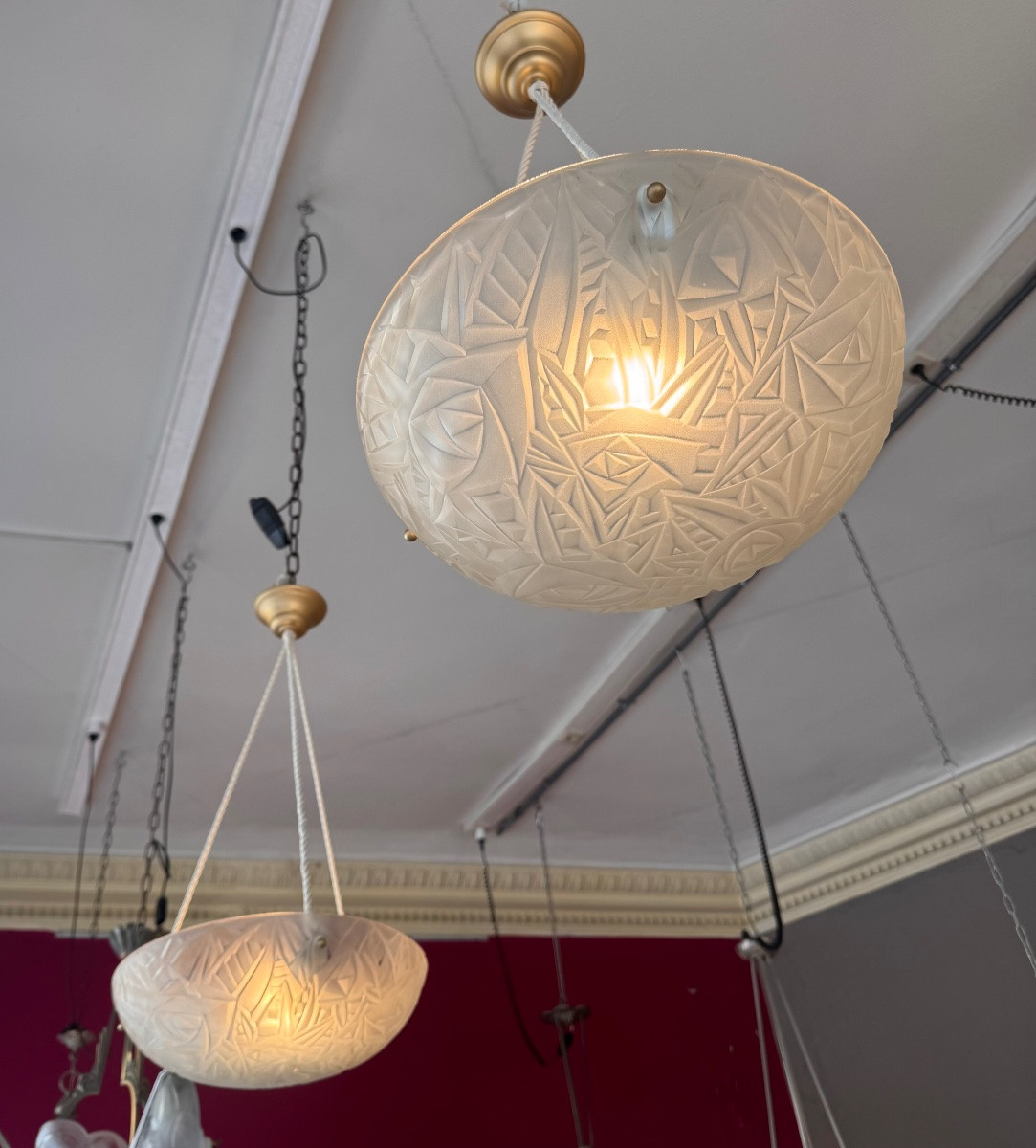 Paire de Suspensions / Plafonniers Vasques Art Déco Degué à cordelières ( lustre deco 1930 ) -photo-3