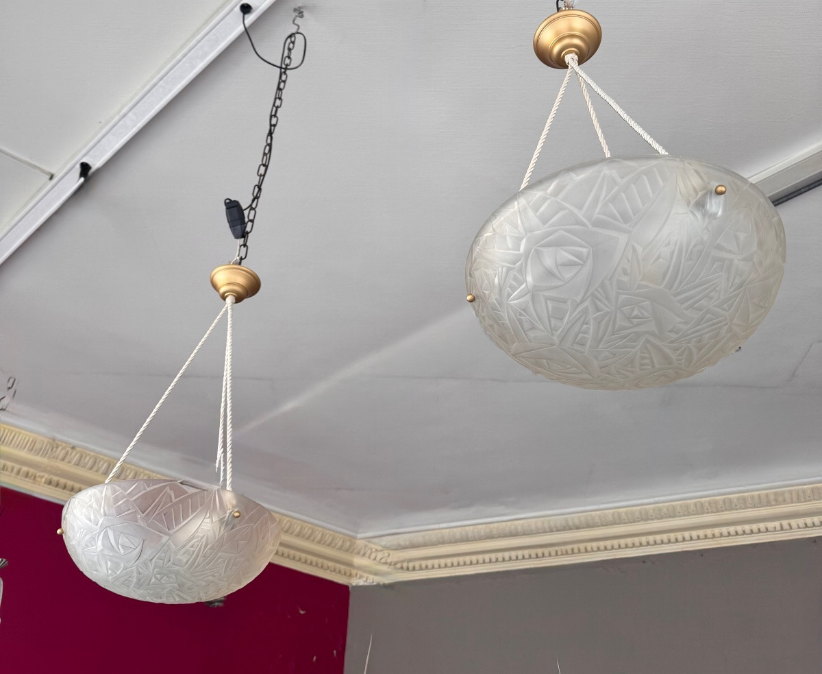 Paire de Suspensions / Plafonniers Vasques Art Déco Degué à cordelières ( lustre deco 1930 ) -photo-6