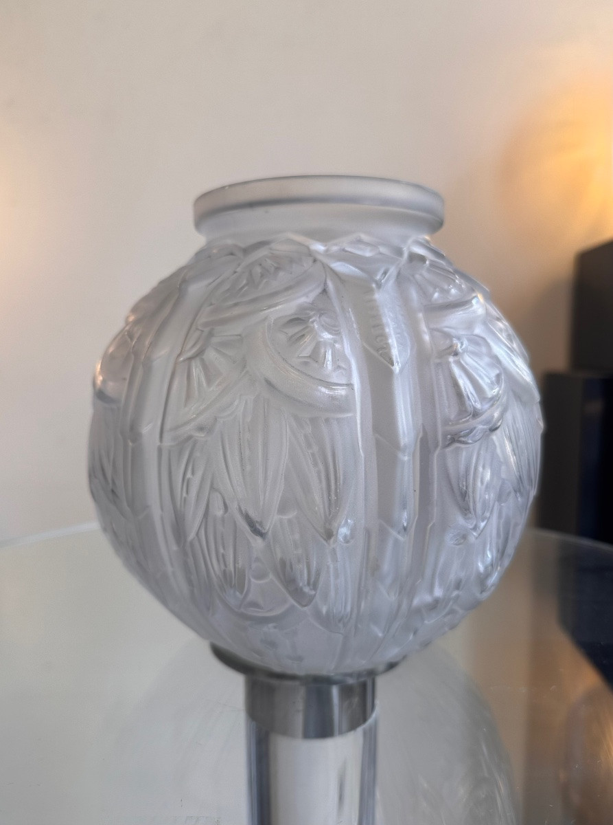 Vase Art Déco Boule « Feuilles de Lys » Signé Lorrain Nancy  ( vases art deco 1930 ) -photo-3