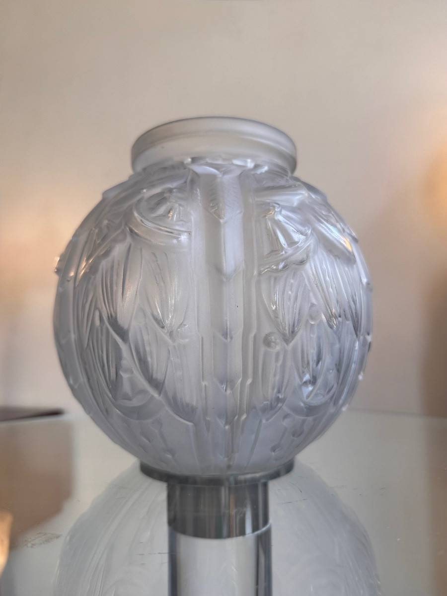 Vase Art Déco Boule « Feuilles de Lys » Signé Lorrain Nancy  ( vases art deco 1930 ) -photo-4