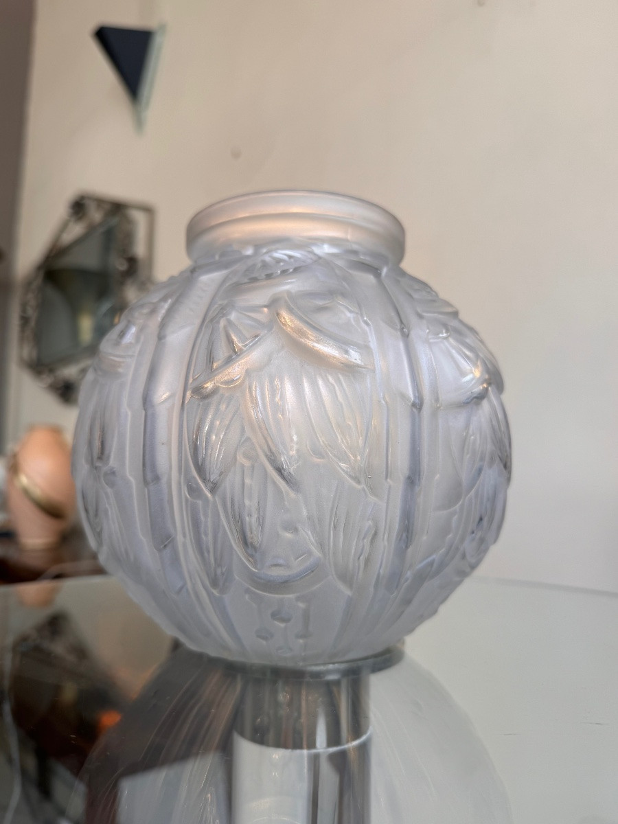 Vase Art Déco Boule « Feuilles de Lys » Signé Lorrain Nancy  ( vases art deco 1930 ) -photo-3