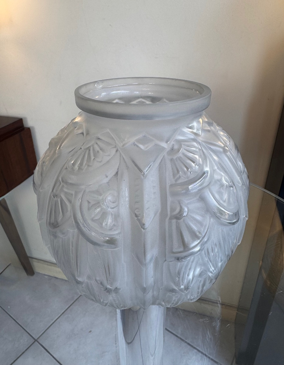 Vase Art Déco Boule « Feuilles de Lys » Signé Lorrain Nancy  ( vases art deco 1930 ) -photo-6