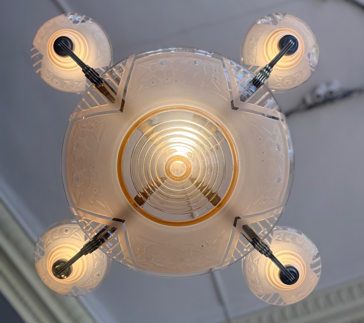 Art Deco Chandelier In Salmon Sandblasted And Transparent Polished Glass Signed Müller Frères ( Deco 1930 )-photo-4