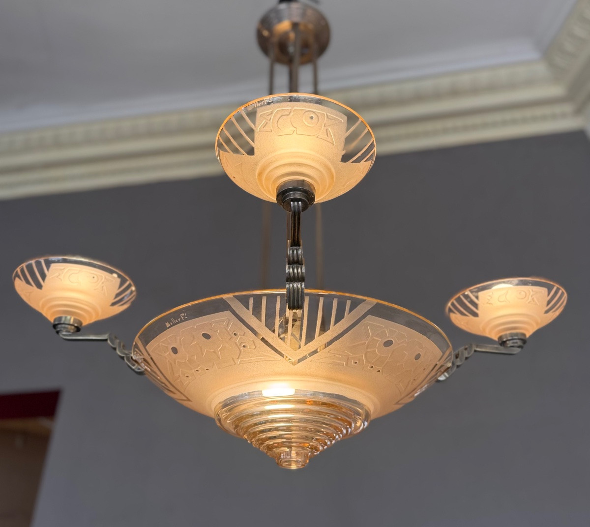 Art Deco Chandelier In Salmon Sandblasted And Transparent Polished Glass Signed Müller Frères ( Deco 1930 )-photo-1