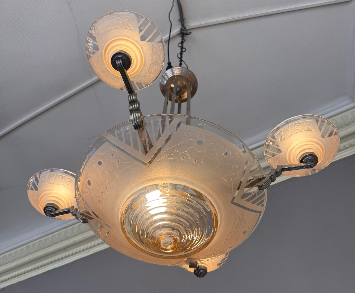 Art Deco Chandelier In Salmon Sandblasted And Transparent Polished Glass Signed Müller Frères ( Deco 1930 )-photo-2