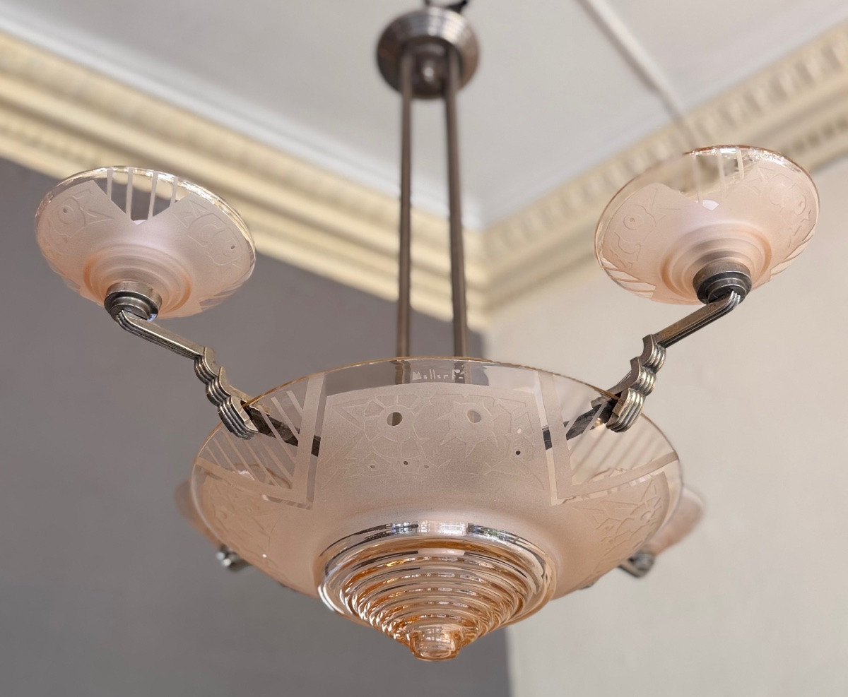 Art Deco Chandelier In Salmon Sandblasted And Transparent Polished Glass Signed Müller Frères ( Deco 1930 )-photo-4