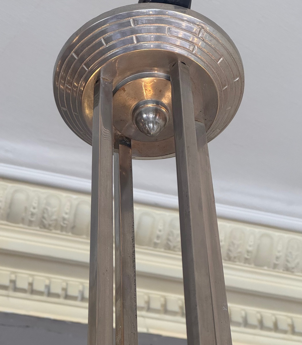 Art Deco Chandelier In Salmon Sandblasted And Transparent Polished Glass Signed Müller Frères ( Deco 1930 )-photo-7