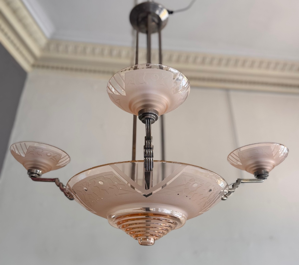 Art Deco Chandelier In Salmon Sandblasted And Transparent Polished Glass Signed Müller Frères ( Deco 1930 )-photo-8