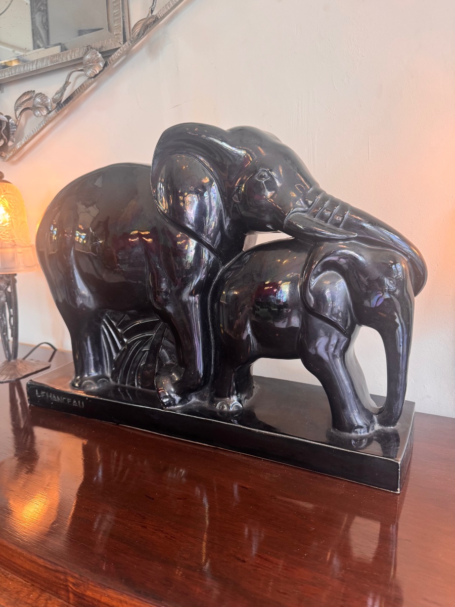 Art Deco Ceramic «  Elephants » Black Enameled Earthenware Signed Lemanceau ( Charles ) -photo-2