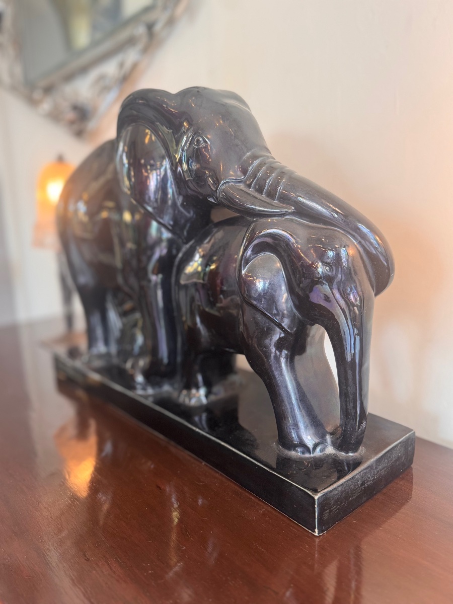 Art Deco Ceramic «  Elephants » Black Enameled Earthenware Signed Lemanceau ( Charles ) -photo-3