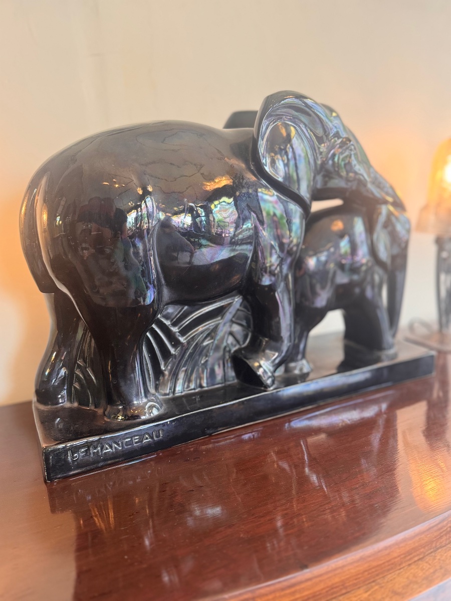 Art Deco Ceramic «  Elephants » Black Enameled Earthenware Signed Lemanceau ( Charles ) -photo-4