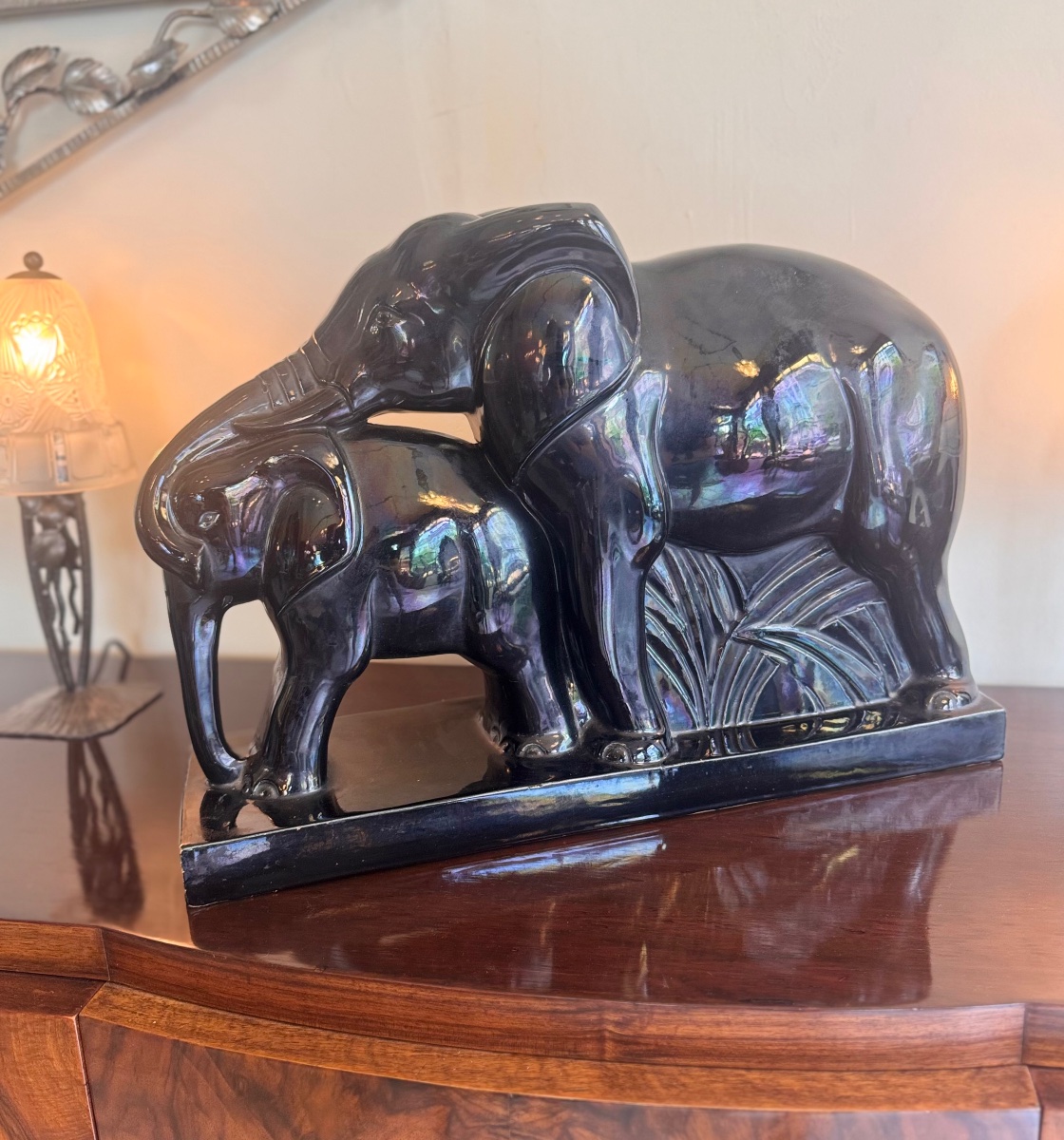 Art Deco Ceramic «  Elephants » Black Enameled Earthenware Signed Lemanceau ( Charles ) -photo-3