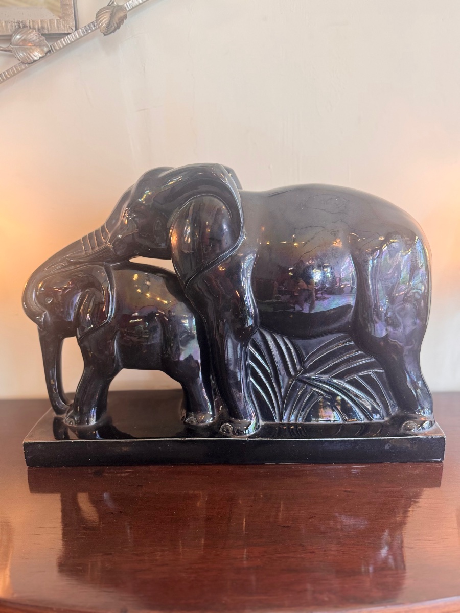 Art Deco Ceramic «  Elephants » Black Enameled Earthenware Signed Lemanceau ( Charles ) -photo-4