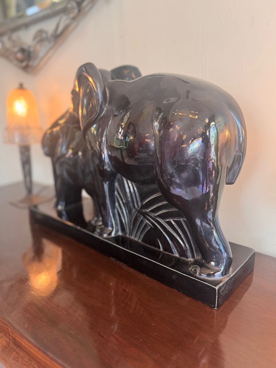 Art Deco Ceramic «  Elephants » Black Enameled Earthenware Signed Lemanceau ( Charles ) -photo-5