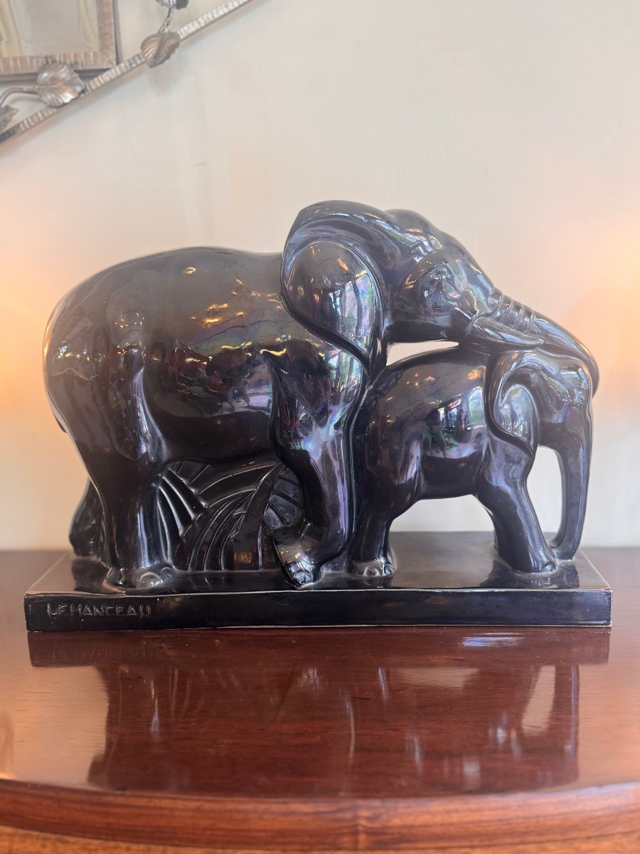 Art Deco Ceramic «  Elephants » Black Enameled Earthenware Signed Lemanceau ( Charles ) 