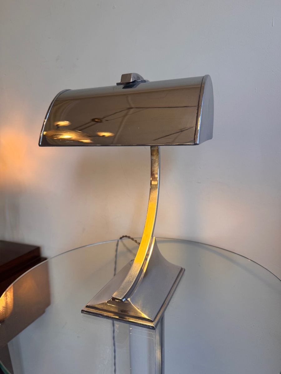 Lampe de bureau Art Déco Moderniste en métal chromé et pied courbé ( lampes art deco 1930 ) 40 -photo-2