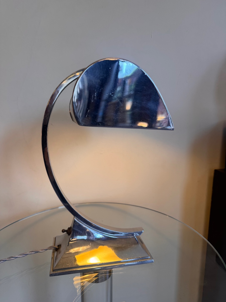 Lampe de bureau Art Déco Moderniste en métal chromé et pied courbé ( lampes art deco 1930 ) 40 -photo-4